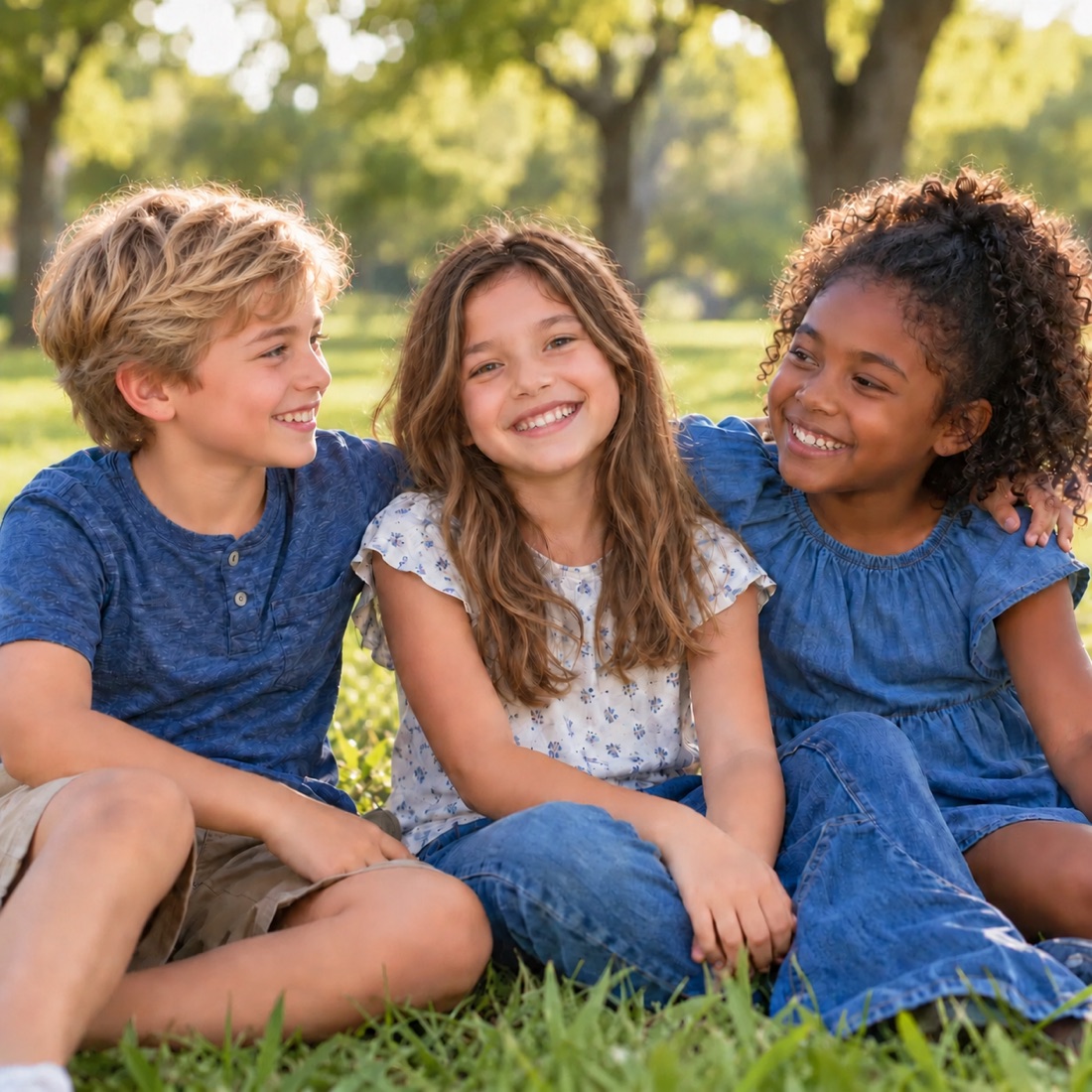 Three children sharing a joyful moment outdoors